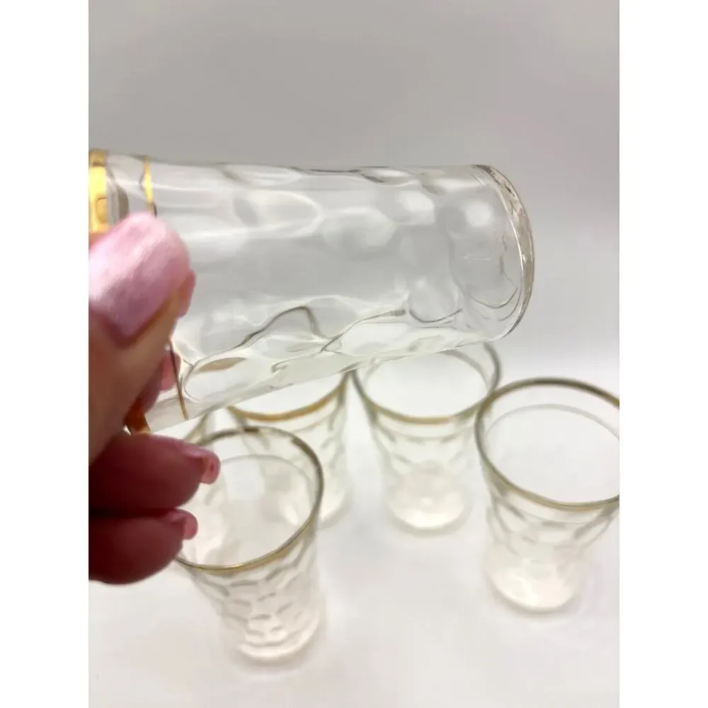 Vintage 1950s Small Liquor Glasses Thumb Print Honey Comb Gold Banded Set of (6)